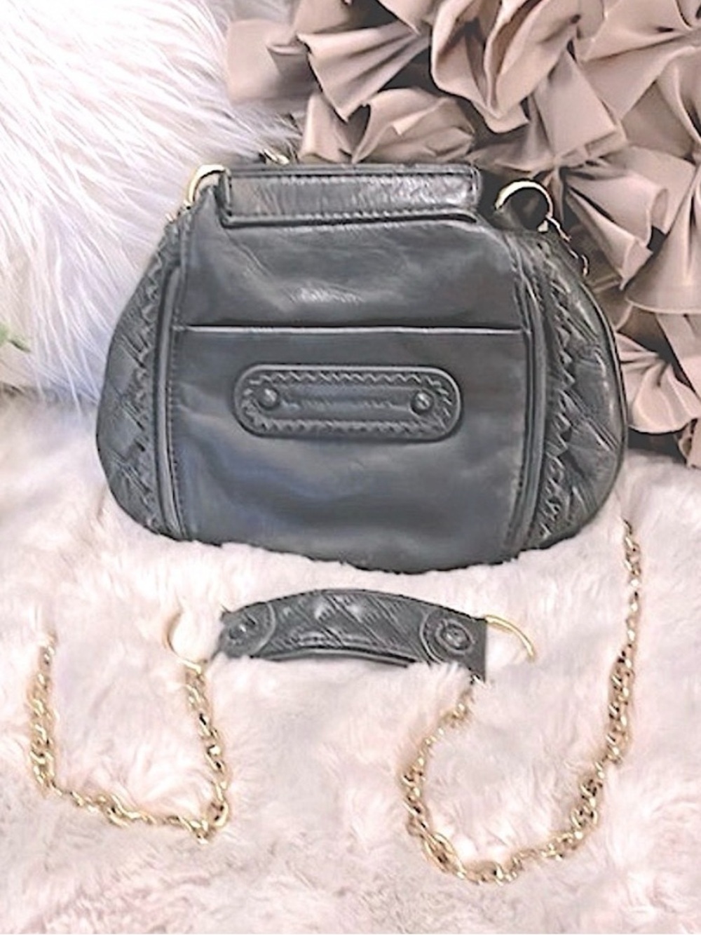 Juicy Couture Vintage Neutral Gray Leather Small Crossbody Purse Bag Clutch